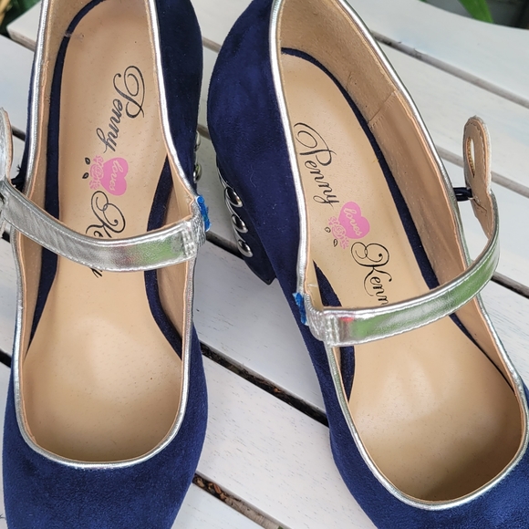Penny Loves Kenny Requium Size 8 Navy/Silver Block Heel Almond Toe Retro Feel - Picture 7 of 10